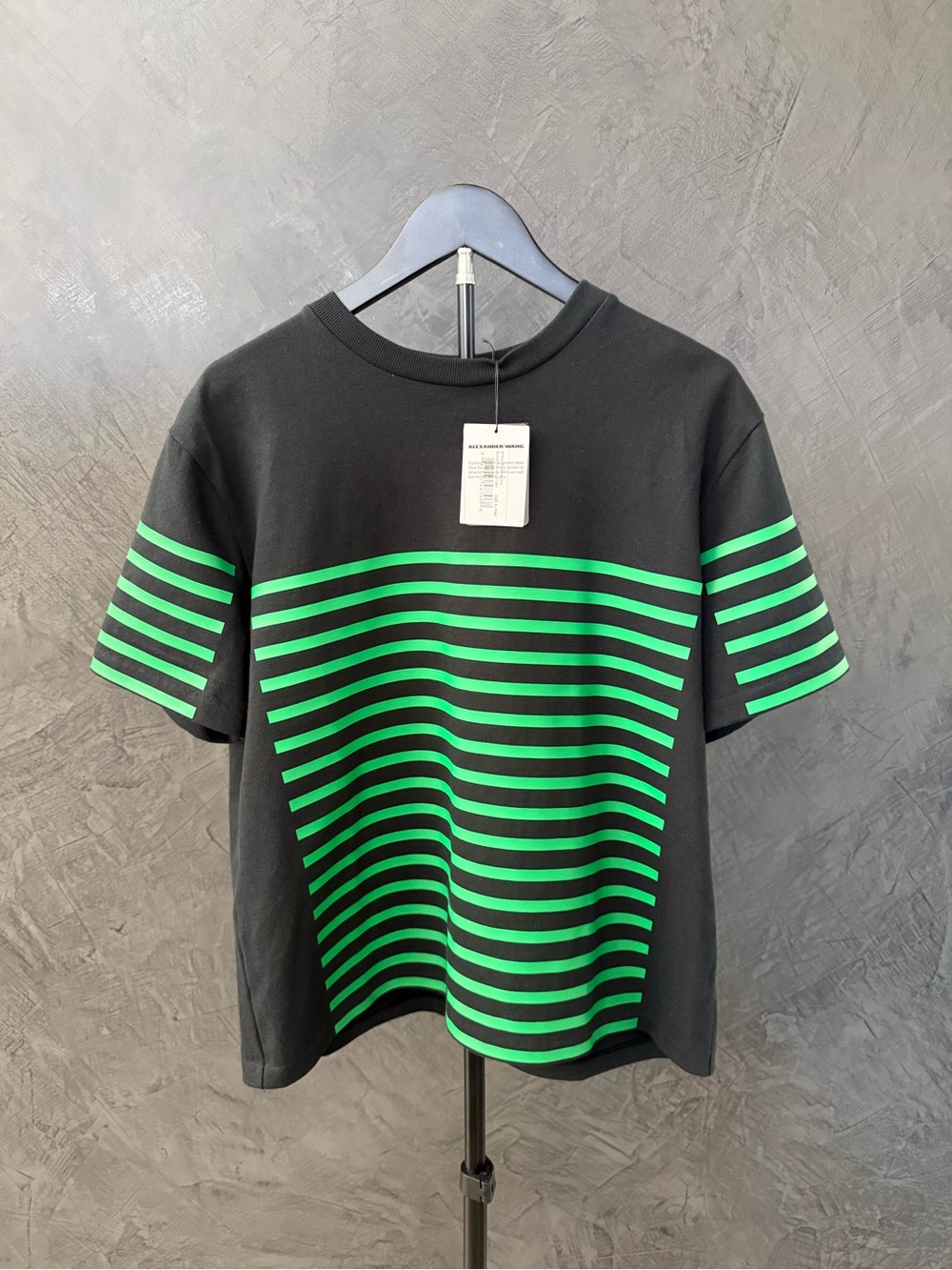 NWT T by Alexander Wang Black Tee with Bright Green Stripes